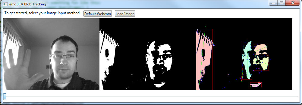 Screen shot of the sample c# WPF Emgu CV application and blob tracking on a webcam.