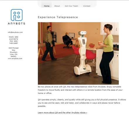 A screenshot of www.anybots.com from Feb 2009 featuring the QA platform
