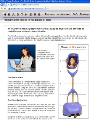 A screenshot of www.headthere.com from Feb 2009 featuring the Headthere Giraffe robot