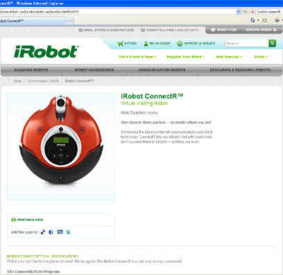 A screenshot of http://store.irobot.com from Feb 2009 featuring the Irobot ConnectR