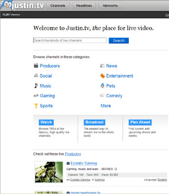 A screenshot of Justin.tv from Feb 2009