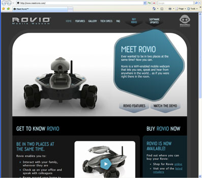 Screen Capture of www.meetrovio.com featuring Wowee's Rovio Robot