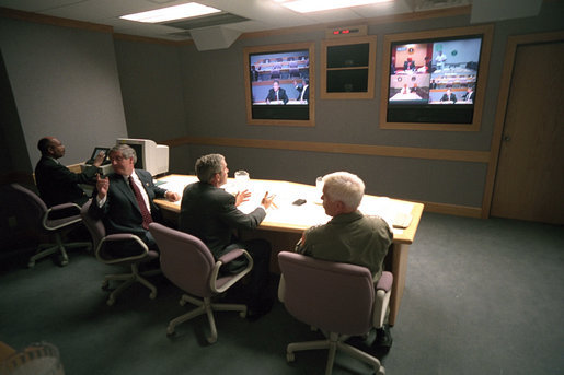President George W. Bush conducts a video tele-conference at Offutt Air Force Base
