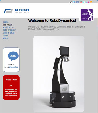 A screenshot of www.robodynamics.com from Feb 2009 featuring the RoboDynamics TiLR platform