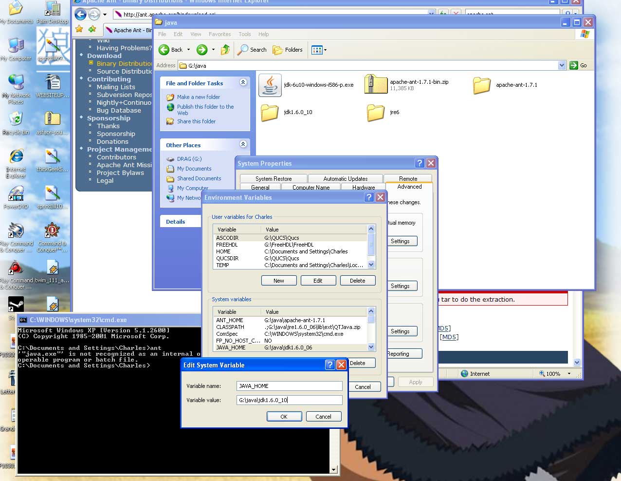 A screencapture showing the pannel used to edit environment variables