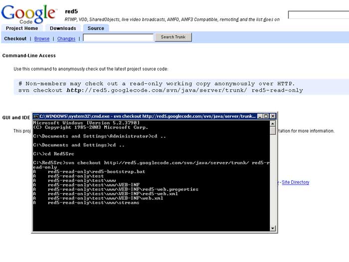 Using SVN to get the latest red5 trunk from googlecode